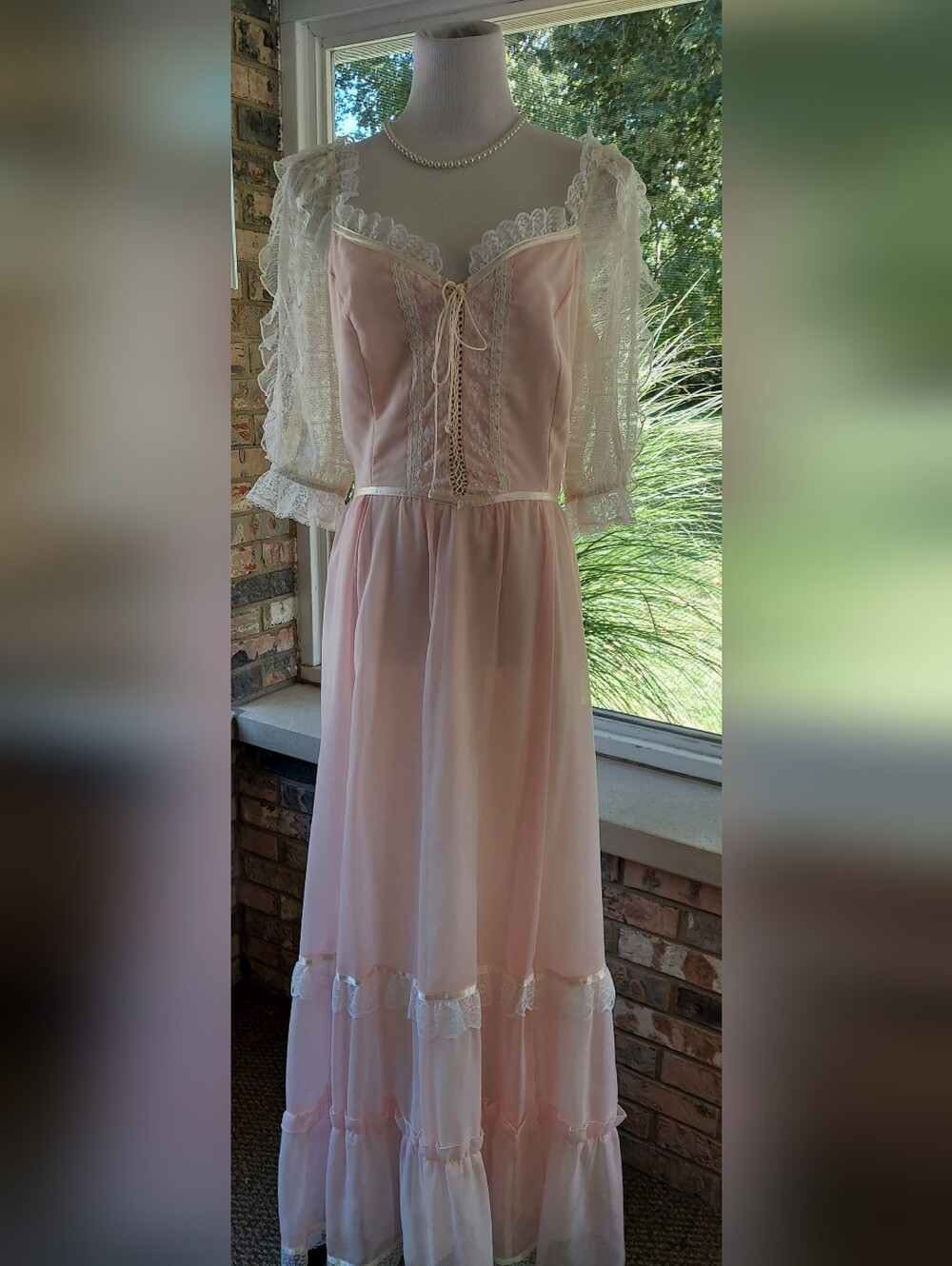 Vintage 70s Gunne Sax Pink Lace Maxi Prairie Cottagecore Corset Dress Rare